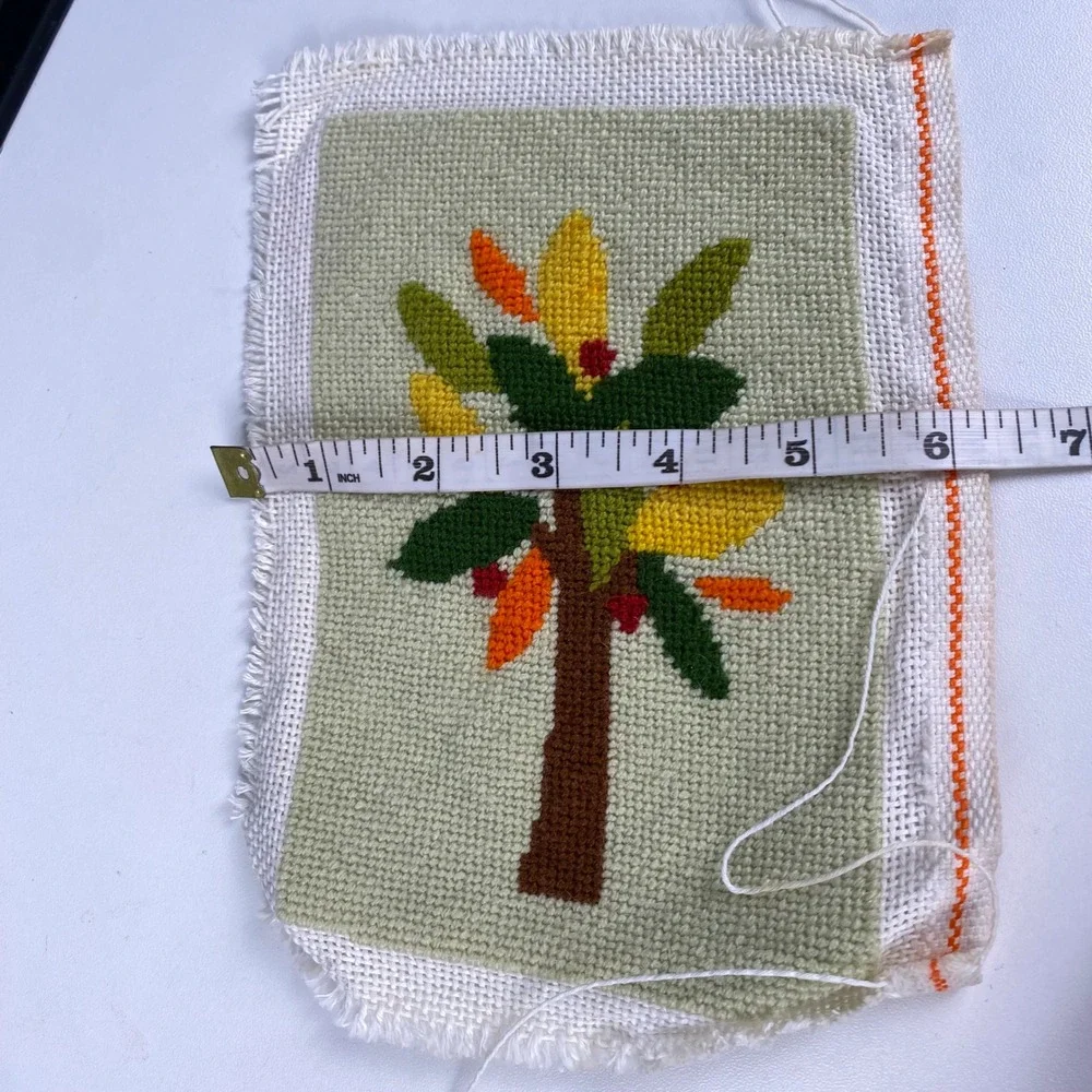 Vintage Handmade Needlepoint Fruit Tree Textile Art Sage Green 6.5x8.5 Folk Art
